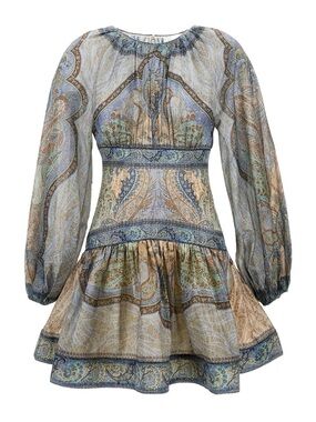 Zimmermann Paisley Long-Sleeve Mini Dress in Blue and Tan